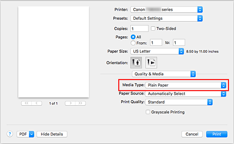 kuva:Laatu ja tulostusmateriaali -kohdan Tulostusmateriaali Tulostus-valintaikkunassa