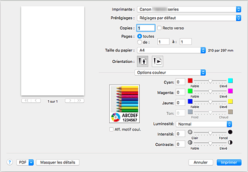 figure : Options couleur dans la boîte de dialogue Imprimer