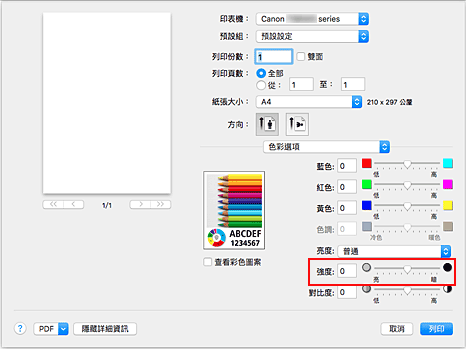 插圖：[列印]對話方塊中[色彩選項]的[強度]