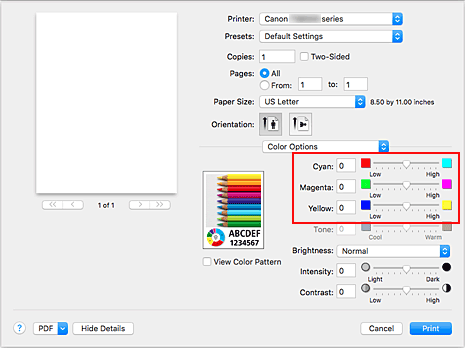 obrázek: Vyvážení barev v nabídce Možnosti barev v dialogovém okně Tisk