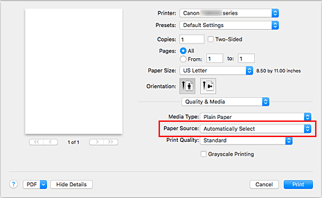 Abbildung: "Papierzufuhr" unter "Qualität und Medium" im Dialog "Drucken"