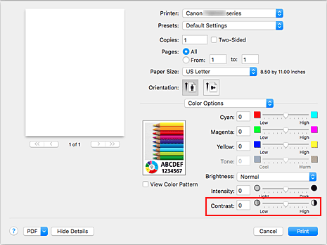 figure:Contrast of Color Options in the Print dialog