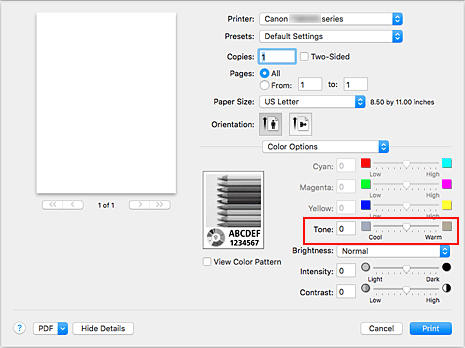 figure:Tone of Color Options in the Print dialog