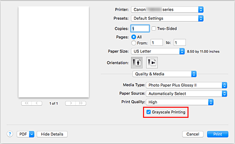 figure:Grayscale Printing of Quality & Media in the Print dialog