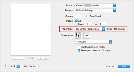 figure:Select XXX (borderless) from Paper Size in the Print dialog