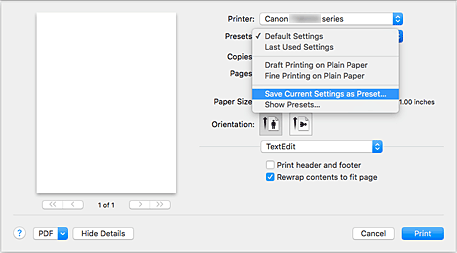figure:Select Save Current Settings as Preset... from Presets in the Print dialog