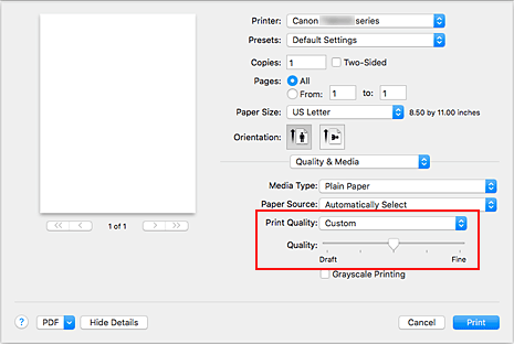 figure:Select Custom from Print Quality of Quality & Media in the Print dialog