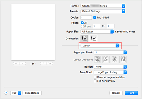 kuva:Asettelu Tulostus-valintaikkunassa