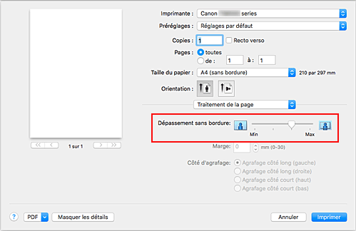 figure&nbsp;:&nbsp;Grandeur de dépassement de l'option Traitement de page de la boîte de dialogue Imprimer