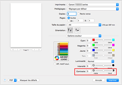 figure&nbsp;: Contraste des options de couleur dans la boîte de dialogue Imprimer