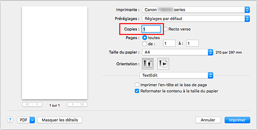 figure&nbsp;: Copies dans la boîte de dialogue Imprimer