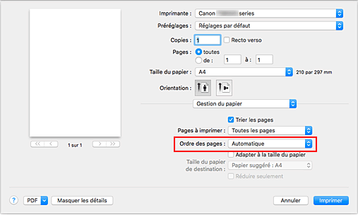 figure&nbsp;:&nbsp;Sélectionnez Automatique dans Ordre des pages pour Gestion du papier dans la boîte de dialogue Imprimer.