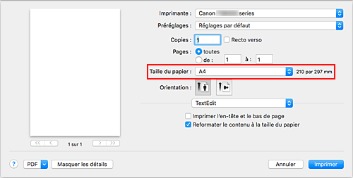 figure&nbsp;:&nbsp;Taille du papier dans la boîte de dialogue Imprimer