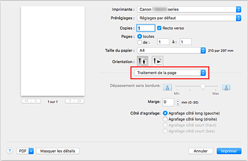 figure : Traitement de la page dans la boîte de dialogue Imprimer