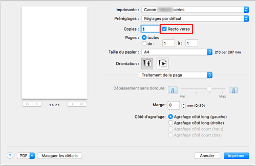 figure&nbsp;:&nbsp;Recto verso dans la boîte de dialogue Imprimer