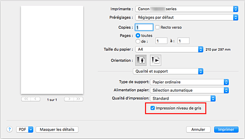 figure&nbsp;:&nbsp;Impression niveau de gris pour Qualité et support dans la boîte de dialogue Imprimer