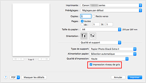 figure&nbsp;:&nbsp;Impression niveau de gris pour Qualité et support dans la boîte de dialogue Imprimer
