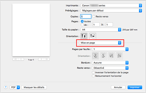 figure&nbsp;:&nbsp;Mise en page dans la boîte de dialogue Imprimer