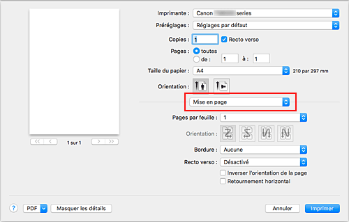 figure&nbsp;:&nbsp;Mise en page dans la boîte de dialogue Imprimer
