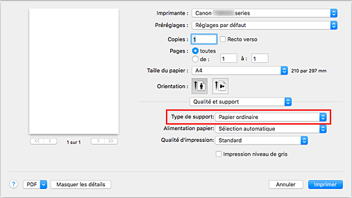 figure&nbsp;:&nbsp;Type de support dans Qualité et support de la boîte de dialogue Imprimer
