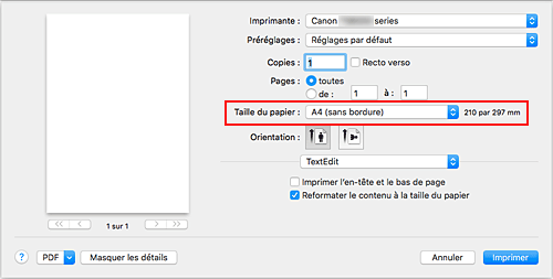 figure&nbsp;:&nbsp;Sélectionnez XXX (sans bordure) dans l'option Taille du papier de la boîte de dialogue Imprimer