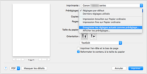 figure&nbsp;: Sélectionnez Enregistrer les paramètres actuels comme préréglages... dans les Préréglages de la boîte de dialogue Imprimer