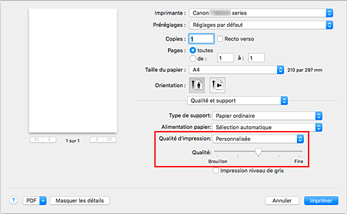 figure&nbsp;:&nbsp;Sélectionnez Personnalisée pour Qualité et support dans la boîte de dialogue Imprimer.
