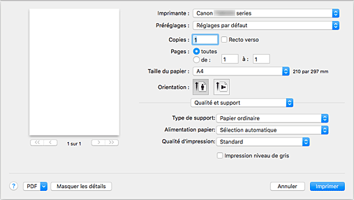 figure&nbsp;:&nbsp;Qualité et support dans la boîte de dialogue Imprimer