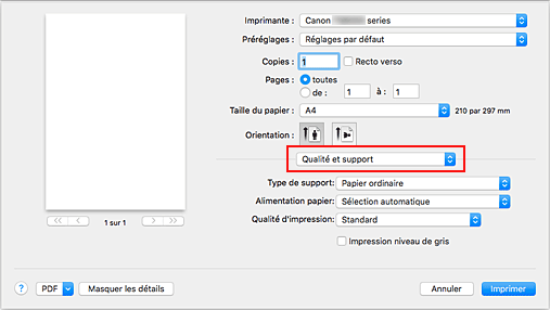 figure&nbsp;:&nbsp;Qualité et support dans la boîte de dialogue Imprimer