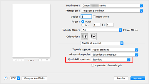 figure&nbsp;:&nbsp;Qualité d'impression dans Qualité et support de la boîte de dialogue Imprimer