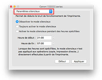 figure : Paramètres silencieux de Canon IJ Printer Utility2
