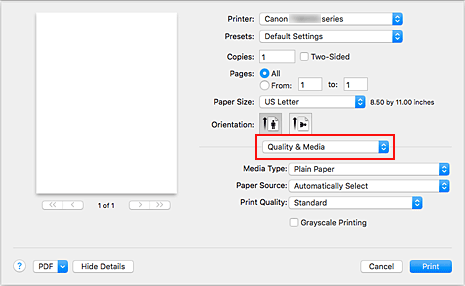 рисунок: раздел "Качество и носители" в диалоговом окне "Печать"