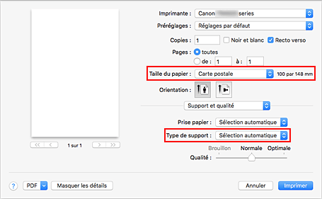 figure : Taille du papier et Type de support dans de la boîte de dialogue Imprimer
