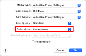 figure:Monochrome and Monochrome Bitmap of Quality & Media in the Print dialog