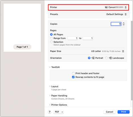 figure:Printer in the Print dialog