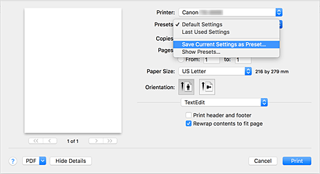 figure:Select Save Current Settings as Preset... from Presets in the Print dialog