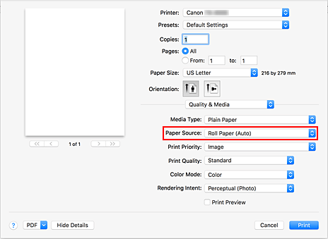 figure:Paper Source of Quality & Media in the Print dialog