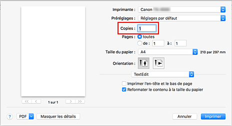 figure : Copies dans la boîte de dialogue Imprimer