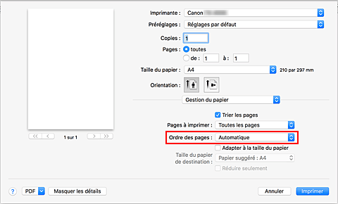 figure : Sélectionnez Automatique dans Ordre des pages pour Gestion du papier dans la boîte de dialogue Imprimer.