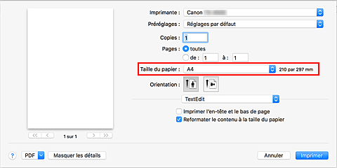 figure : Taille du papier dans la boîte de dialogue Imprimer