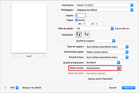 figure : monochrome et monochrome matriciel de la qualité et du support dans la boîte de dialogue Imprimer