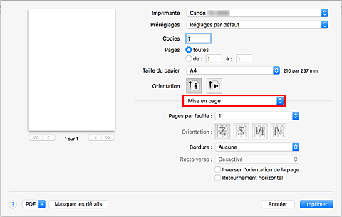 figure : Mise en page dans la boîte de dialogue Imprimer