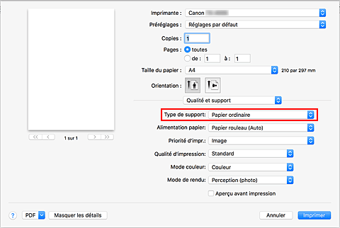 figure : Type de support dans Qualité et support de la boîte de dialogue Imprimer