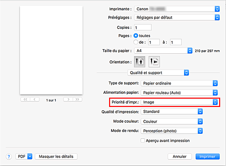 figure : Qualité d'impression dans Qualité et support de la boîte de dialogue Imprimer