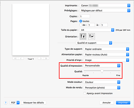 figure : Sélectionnez Personnalisée pour Qualité et support dans la boîte de dialogue Imprimer.