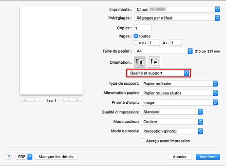 figure : Qualité et support dans la boîte de dialogue Imprimer