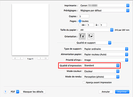 figure : Qualité d'impression dans Qualité et support de la boîte de dialogue Imprimer