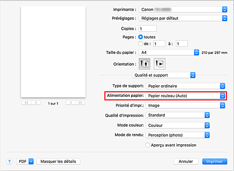 figure : Alimentation papier dans Qualité et support de la boîte de dialogue Imprimer