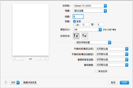 插图：打印对话框中的“纸张详细设置”