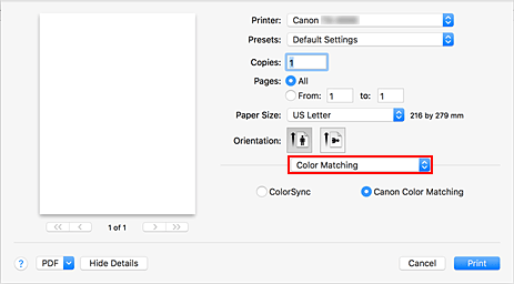 figure:Color Matching in the Print dialog